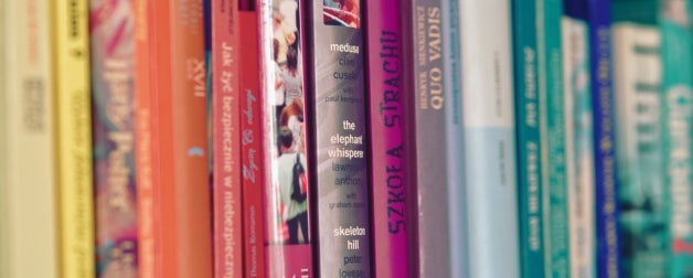 Books with international titles on a bookshelf